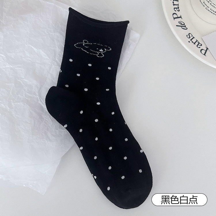 女襪|堆堆襪子女棉質彈力無骨卷邊中筒襪卡通動物親膚透氣休閒襪「W0114」25.03-2
