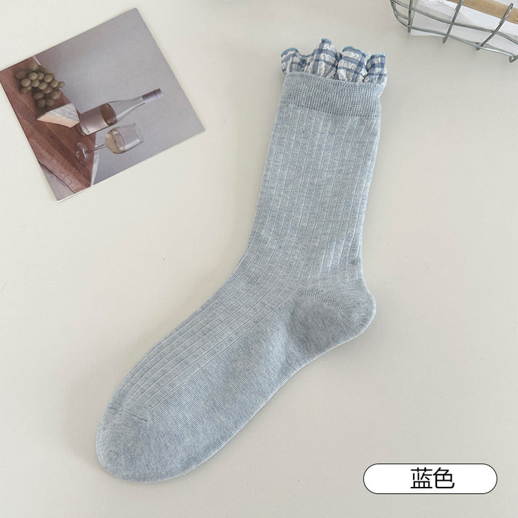 女襪|白色襪子女棉質吸汗透氣miu系花邊堆堆襪親膚舒適彈力襪子「MK5090」25.05-3