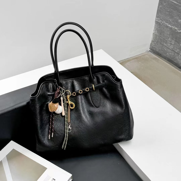 質感真皮|2024新款大容量腋下托特包ins網紅同款小眾復古百搭手提包高級感皮帶扣裝飾大包「8159」24.08-3