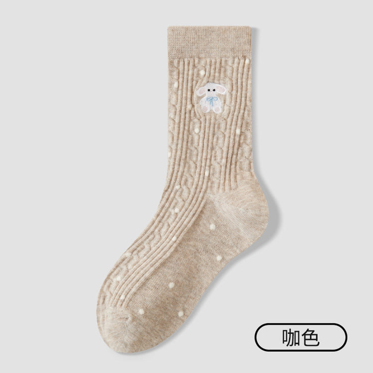 女襪|襪子女士秋冬棉質刺繡可愛小熊堆堆襪彈力無骨吸汗透氣中筒襪「ZX25517」25.10-4