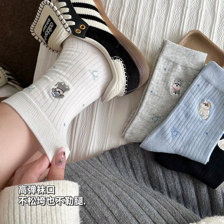 女襪|襪子女士小狗刺繡卡通趣味減齡中筒襪棉質吸汗透氣彈力堆堆襪「F2523」25.10-3