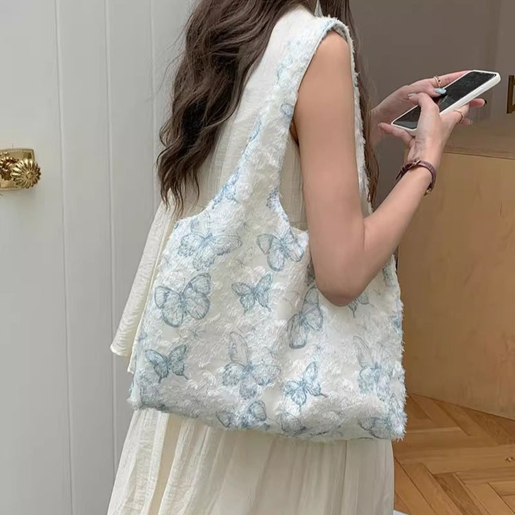 日韓流行|蕾絲蝴蝶帆布包包女式2024新款潮韓版文藝托特包學生上課大容量包「9428#」24.07-1