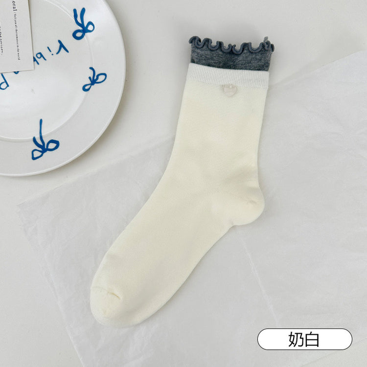 女襪|拼色雙羅口襪子女棉質吸汗透氣彈力花邊堆堆襪愛心紐扣無骨中筒襪「SM2506」25.06-1