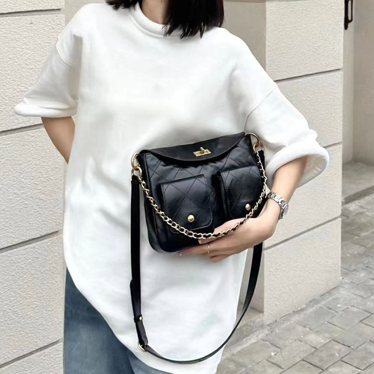 質感真皮|小香風菱格鏈條包頭層牛皮hobo鏈條腋下包郵差包口袋機車時尚百搭「3622」24.08-4