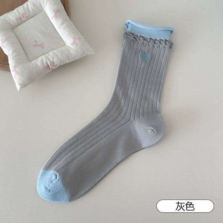 女襪|卷邊襪子女撞色雙羅口刺繡愛心中筒襪棉質吸汗透氣ins潮堆堆襪「TM7555」25.04-5
