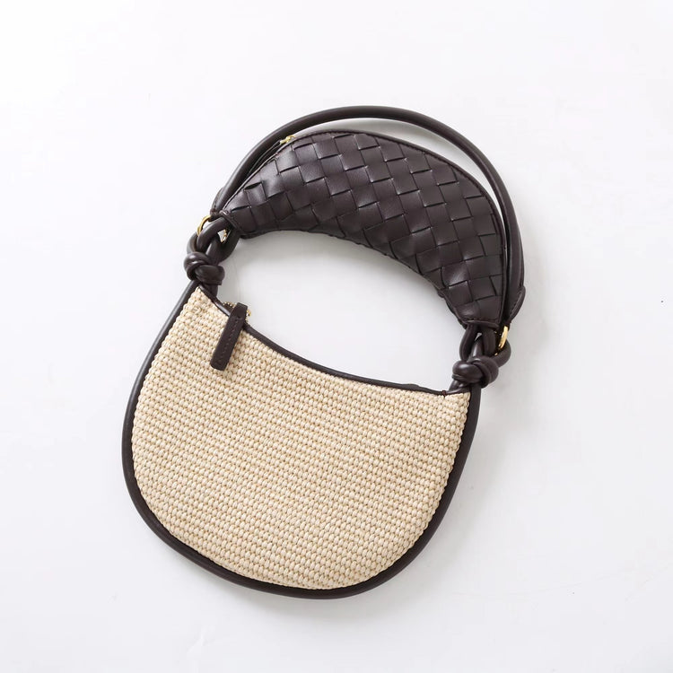 質感真皮|2025新款拉菲草編拼牛皮雙子包拼色月亮包度假單肩腋下包時尚編織包「9781-1」25.07-1