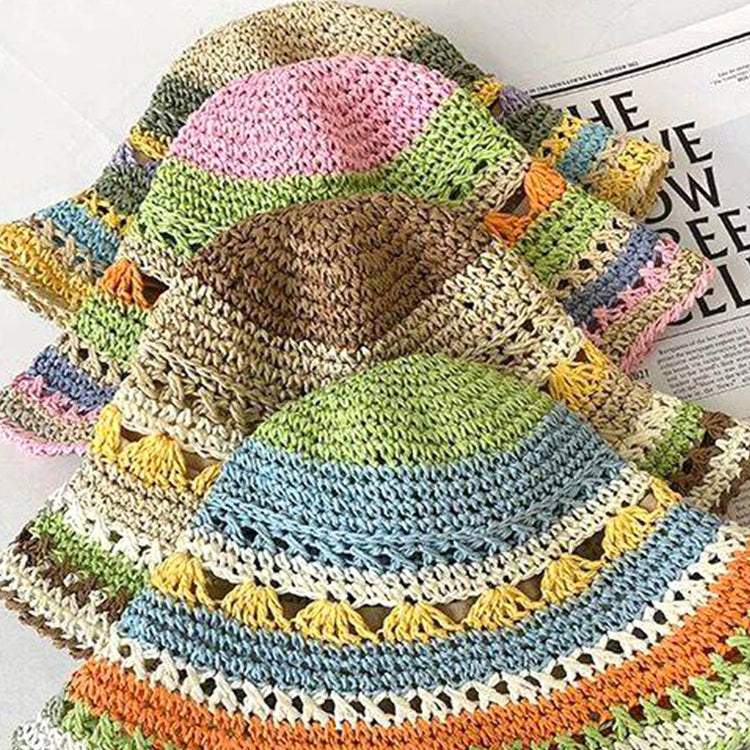 流行帽子|多巴胺彩虹鏤空草帽子女夏季出遊遮陽防曬帽海邊沙灘顯臉小太陽帽「C5102」25.03-3