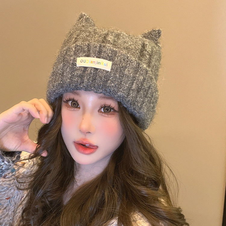 流行帽子|可愛羊角帽毛絨針織毛線帽子女秋冬季甜美保暖柔軟針織帽護耳帽男「C4736」24.10-5