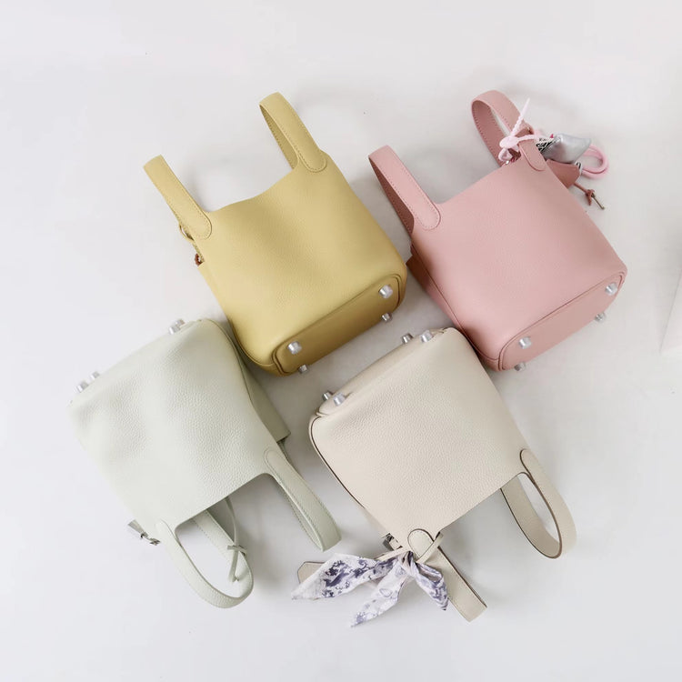 質感真皮|2025年新款時尚軟牛皮水桶包togo頭層牛皮h家菜籃子百搭通勤手提包「80900」25.04-4