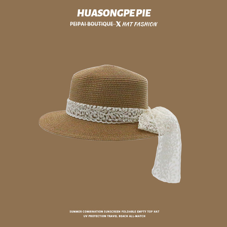流行帽子|帽子女夏季新款防曬帽日系純色草編蕾絲蝴蝶結草帽出遊百搭遮臉帽「C3986」24.06-4