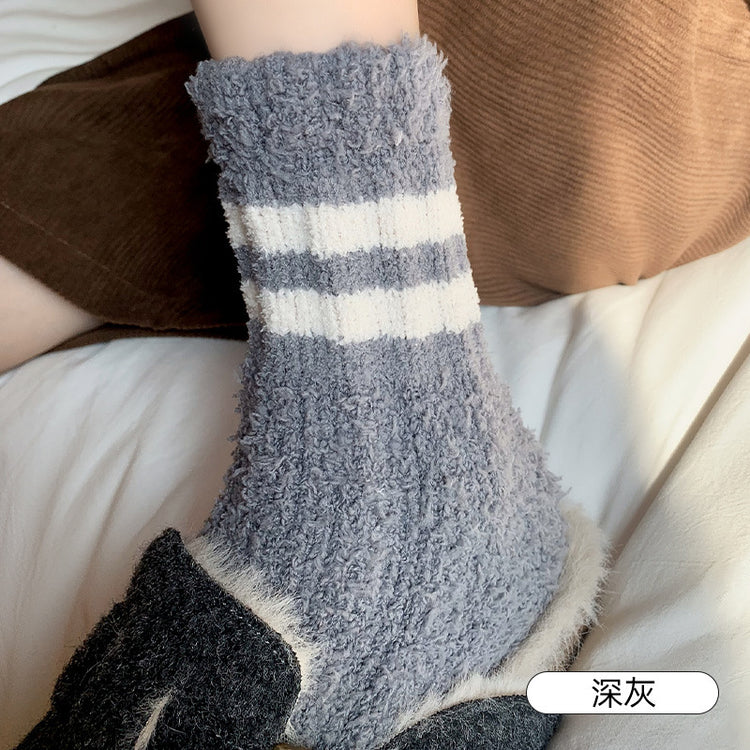 女襪|撞色條紋襪子女蓄熱鎖溫居家地板襪秋冬季加絨加厚保暖珊瑚絨襪「AD2411」24.11-2