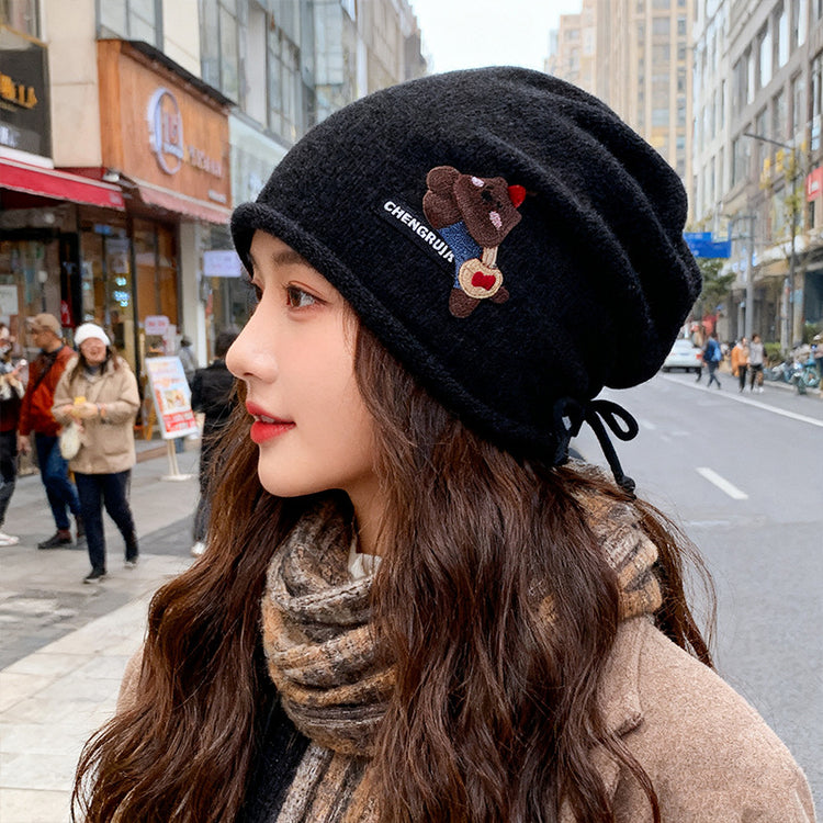 流行帽子|可愛卡通小熊帽子女秋冬包頭針織帽網紅百搭堆堆帽顯臉小卷邊冷帽「C5672」25.09-5