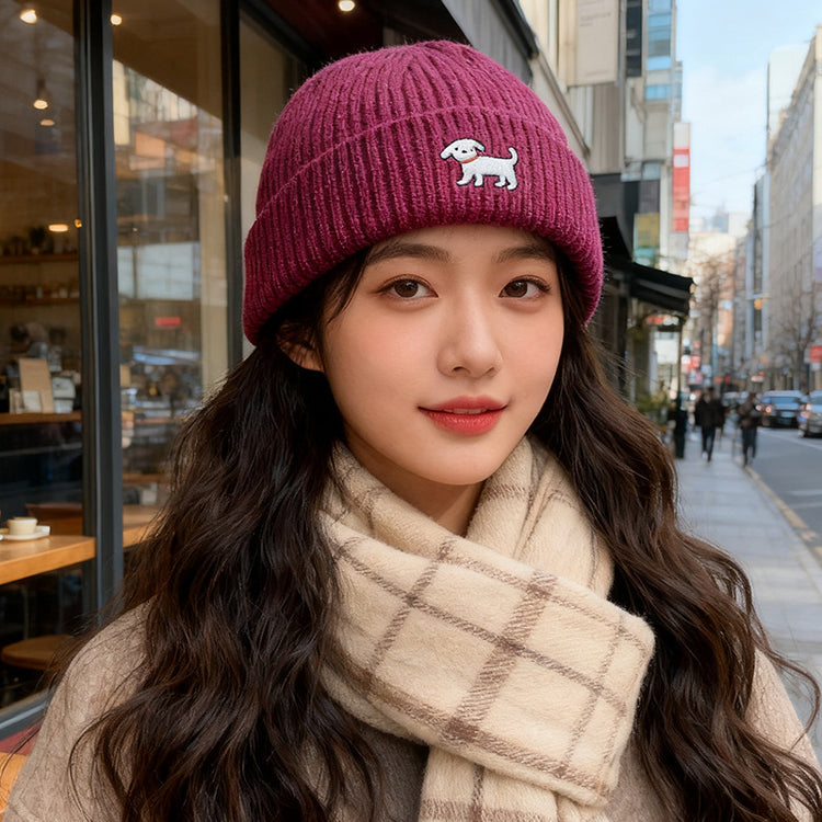 流行帽子|可愛小狗刺繡針織帽女秋冬款韓版百搭毛線帽顯臉小大頭圍保暖帽子「C5674」25.09-5