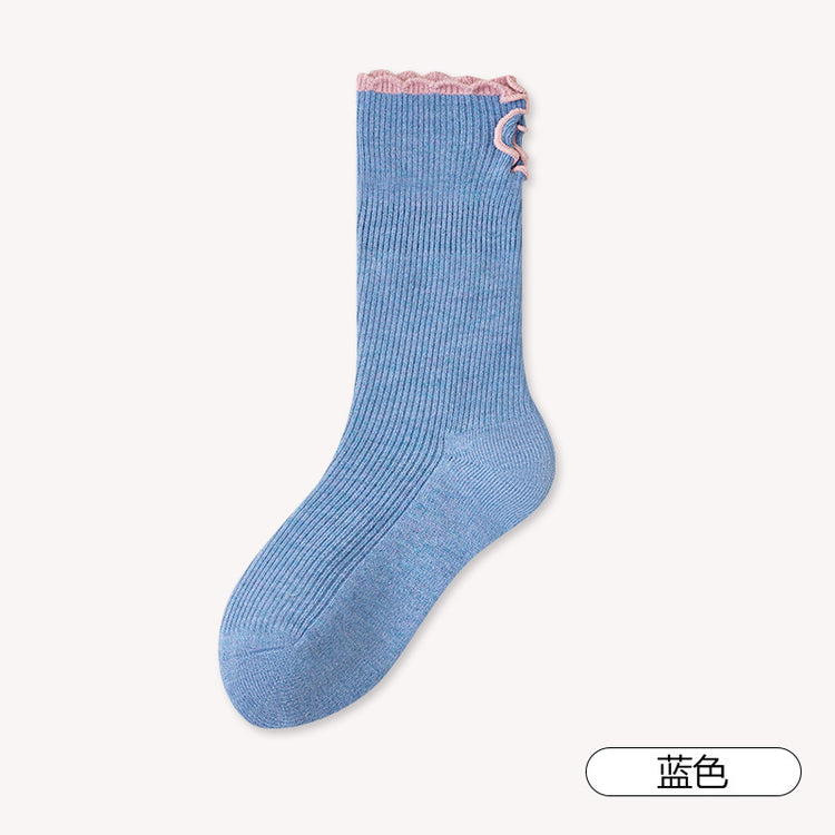 女襪|雙針撞色翻邊襪子女棉質吸汗透氣彈力堆堆襪親膚舒適抗起球中筒襪「AC8842」25.09-2