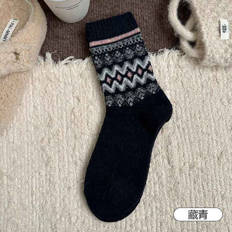女襪|費爾島復古羊毛襪子女秋冬季加厚保暖堆堆襪日系文藝彈力中筒襪「TM3741」25.11-3