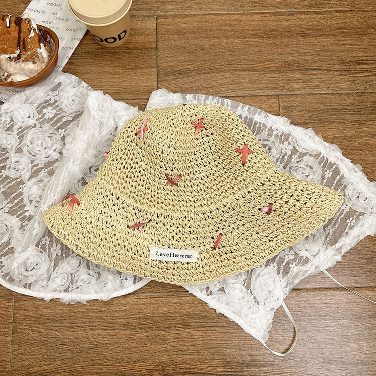 流行帽子|韓版度假風可愛草編漁夫帽女防曬帽夏季海邊防紫外線沙灘大檐草帽「C5025」25.02-3