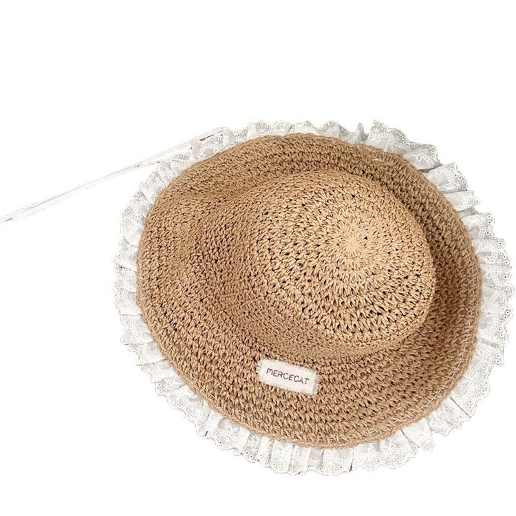流行帽子|蕾絲邊草帽女夏季甜美大帽檐手工編織遮陽帽戶外海邊度假太陽帽子「C5023」25.02-3