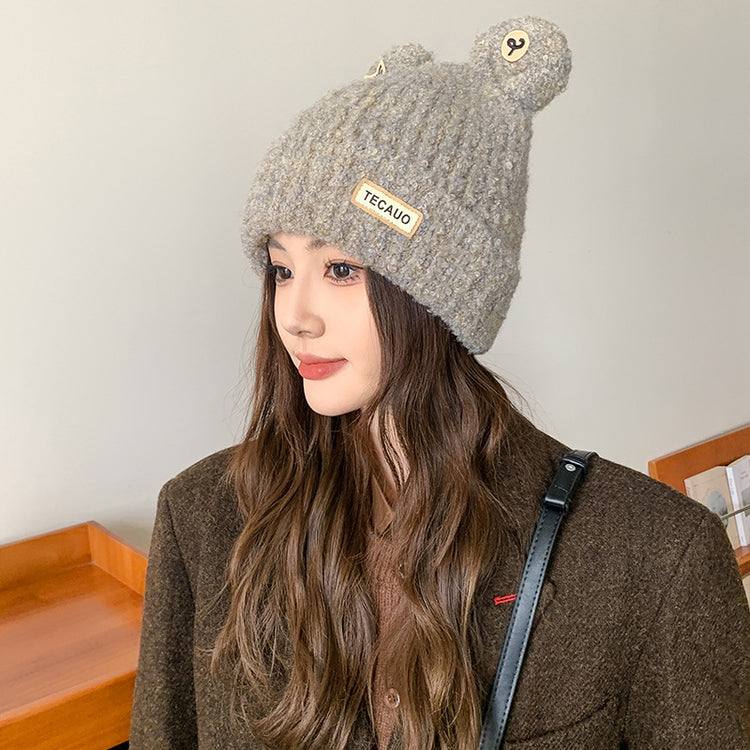 流行帽子|新款時尚側標TEC小熊耳朵針織帽秋冬可愛保暖護耳帽百搭休閒帽子「C4678」24.10-3