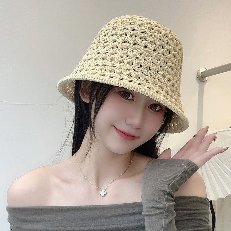 流行帽子|夏季新款鏤空草編漁夫帽女透氣防曬遮陽帽沙灘旅遊可折疊太陽帽子「C3647」24.01-4