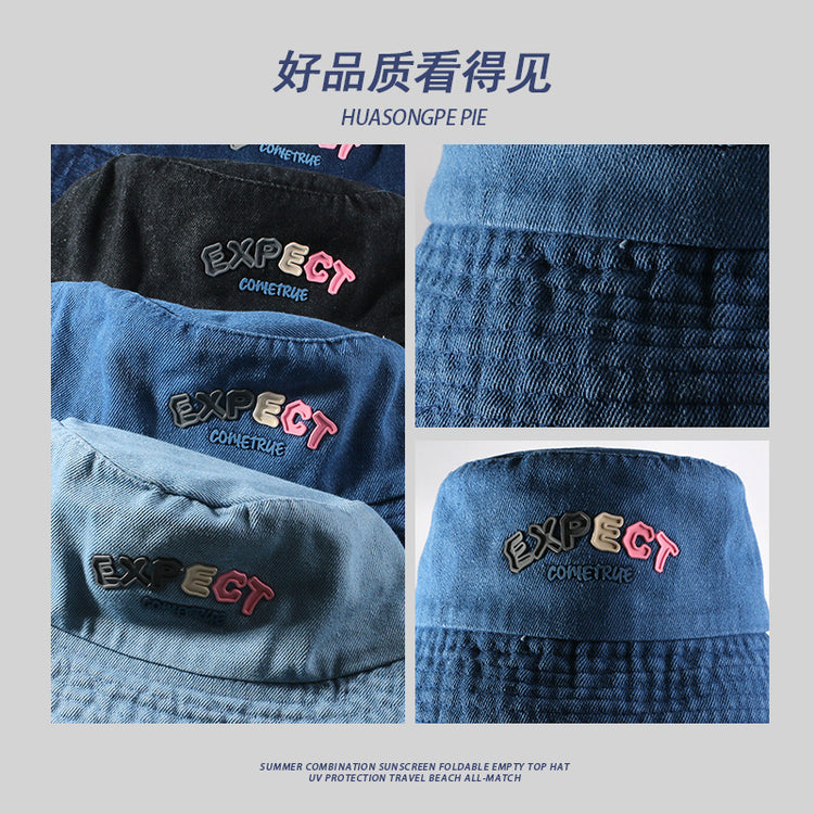 流行帽子|原創設計牛仔漁夫帽女時尚百搭字母盆帽學生情侶防紫外線遮陽帽男「C4124」24.07-3