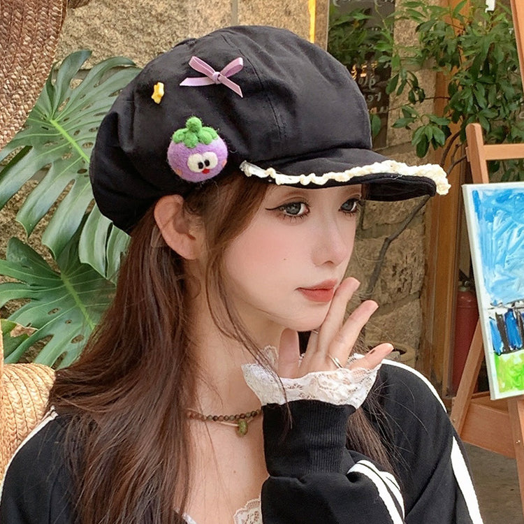 流行帽子|可愛卡通蝴蝶結顯臉小帽子女春夏出遊雲朵帽百搭翻檐蕾絲邊貝雷帽「C5380」25.07-3