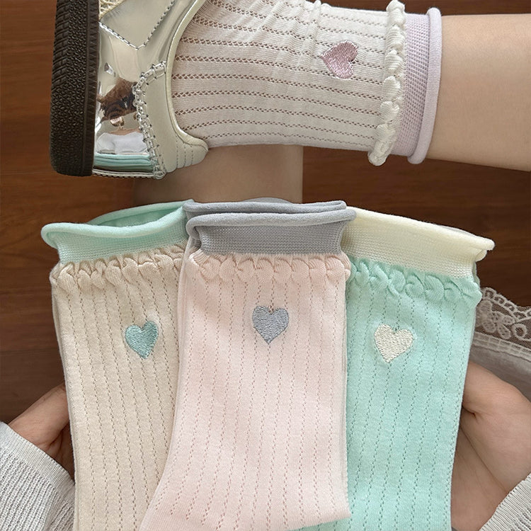 女襪|卷邊襪子女撞色雙羅口刺繡愛心中筒襪棉質吸汗透氣ins潮堆堆襪「TM7555」25.04-5