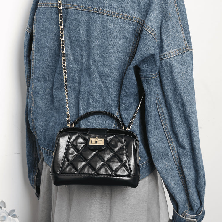 質感真皮|牛皮法式小眾菱格鏈條包包女時尚手提包通勤單肩斜挎小包「8073」24.05-4