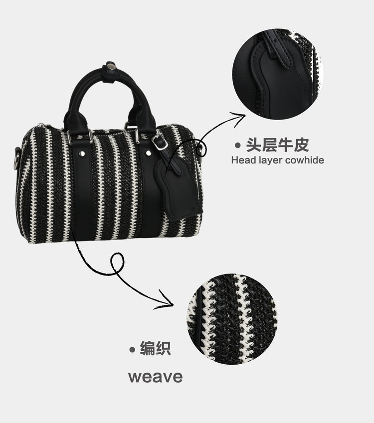 質感真皮 | 夏季新款編織包黑白菲草牛皮保齡球枕頭包黑白條紋手提包單肩斜挎「3530」24.06-4