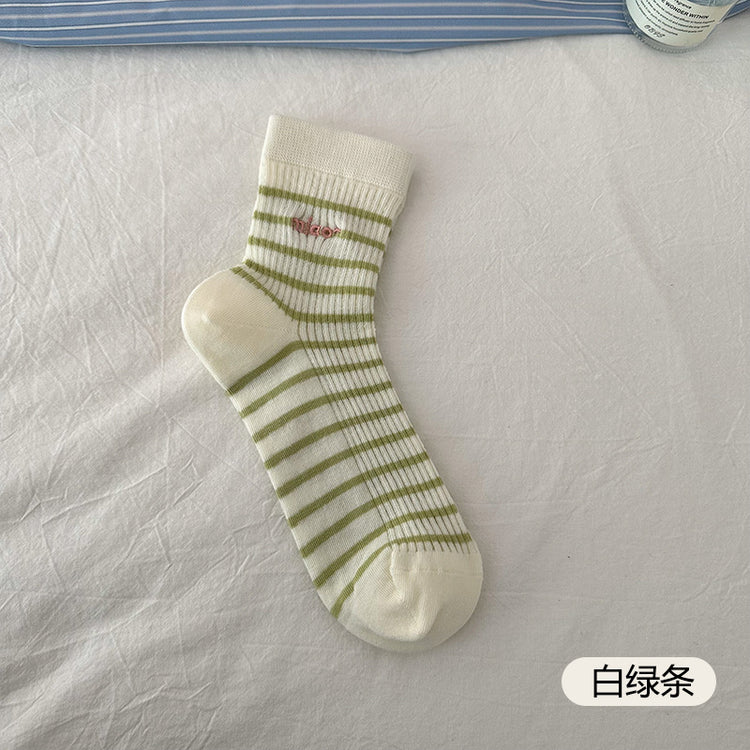 女襪|條紋襪子女棉質親膚舒適ins潮彈力中筒春夏季薄款吸濕透氣堆堆襪「MK5076」25.02-3