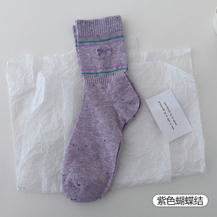 女襪|刺繡蝴蝶結襪子女棉質軟糯親膚舒適中筒襪點子紗春夏季薄款堆堆襪「W0122」25.03-3