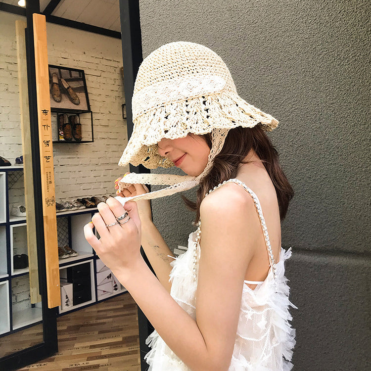 流行帽子|蕾絲系帶草帽夏季女帽子防曬學生戶外遮陽帽綁帶沙灘彩虹太陽帽子「C3929」24.05-2