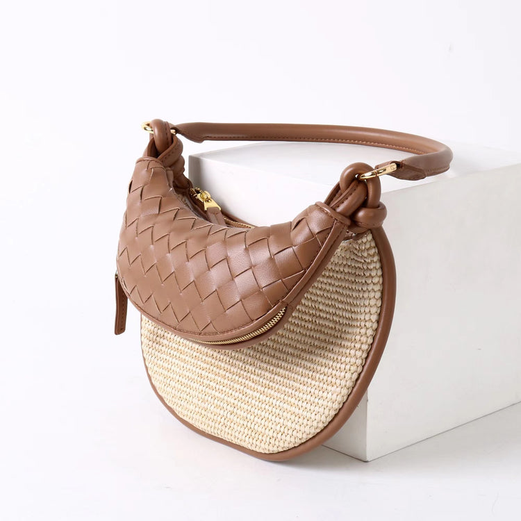 質感真皮|2025新款拉菲草編拼牛皮雙子包拼色月亮包度假單肩腋下包時尚編織包「9781-1」25.07-1