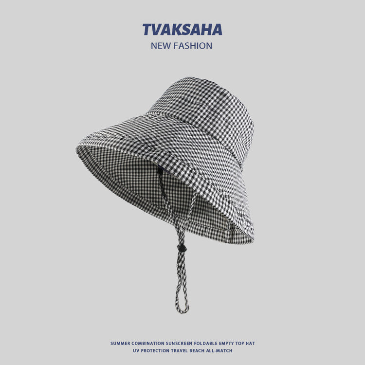 流行帽子|大帽檐漁夫帽女夏季千鳥格時尚盆帽顯臉小戶外防紫外線沙灘太陽帽「C4145」24.07-2