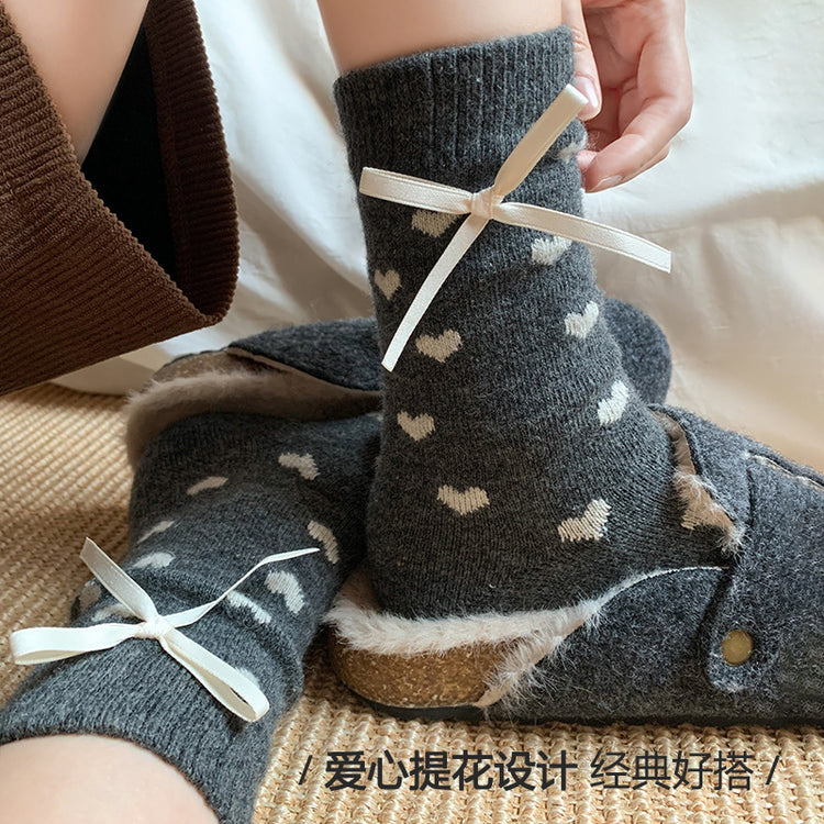 女襪|蝴蝶結羊毛襪子女襪秋冬季加絨加厚保暖中筒ins潮親膚舒適睡眠襪「MZ24142」24.11-1