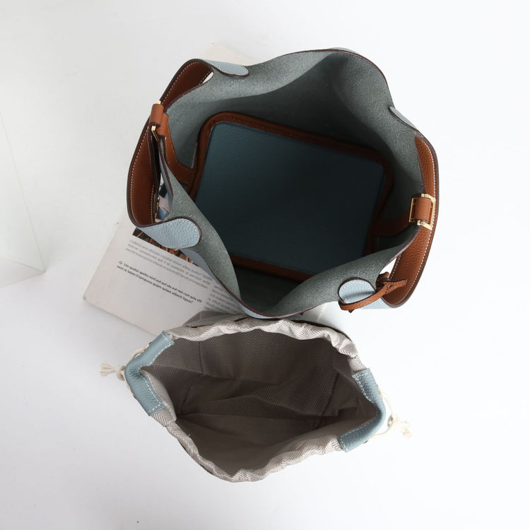 質感真皮|togo頭層牛皮拼接菜籃2024年新款時尚軟牛皮水桶包手提手拎包「226#」24.10-3