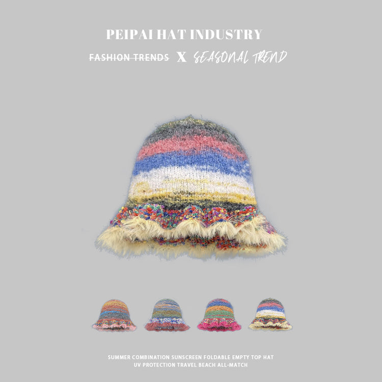 流行帽子|帽子女2024新款復古彩色條紋油畫風荷葉邊漁夫帽秋冬保暖針織盆帽「C4333」24.09-1