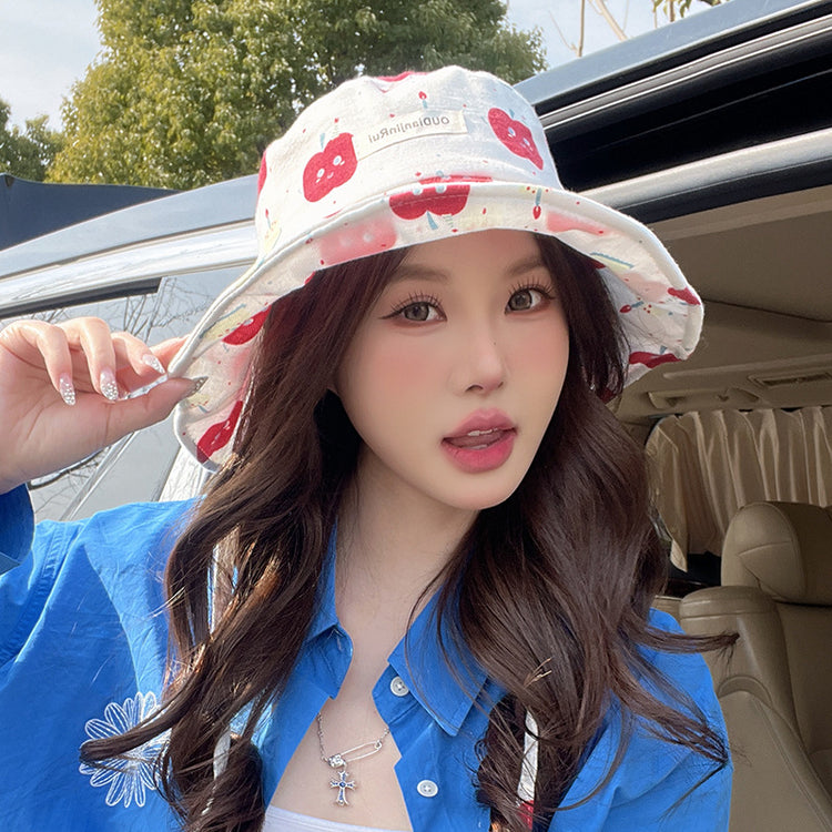 流行帽子|遮陽帽女韓版印花蘋果漁夫帽戶外夏季防紫外線遮陽帽戶外防曬帽子「C5056」25.03-1