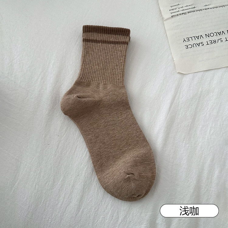 女襪|灰色襪子女竪條顯瘦羅口二槓學院風運動襪棉質親膚舒適彈力中筒襪「FM5090」25.03-1