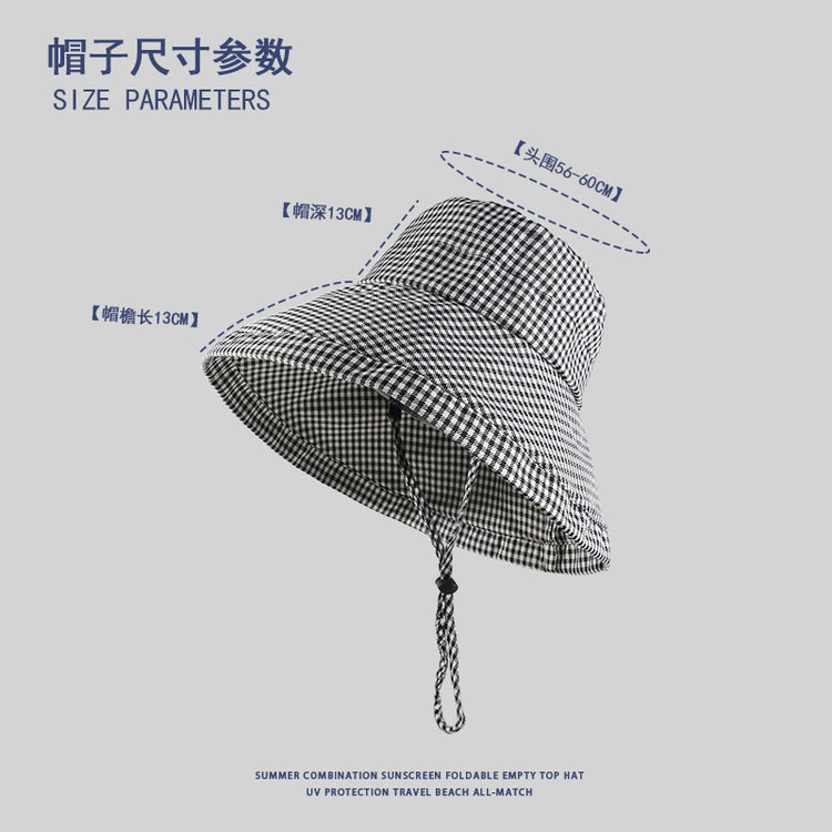 流行帽子|大帽檐漁夫帽女夏季千鳥格時尚盆帽顯臉小戶外防紫外線沙灘太陽帽「C4145」24.07-2