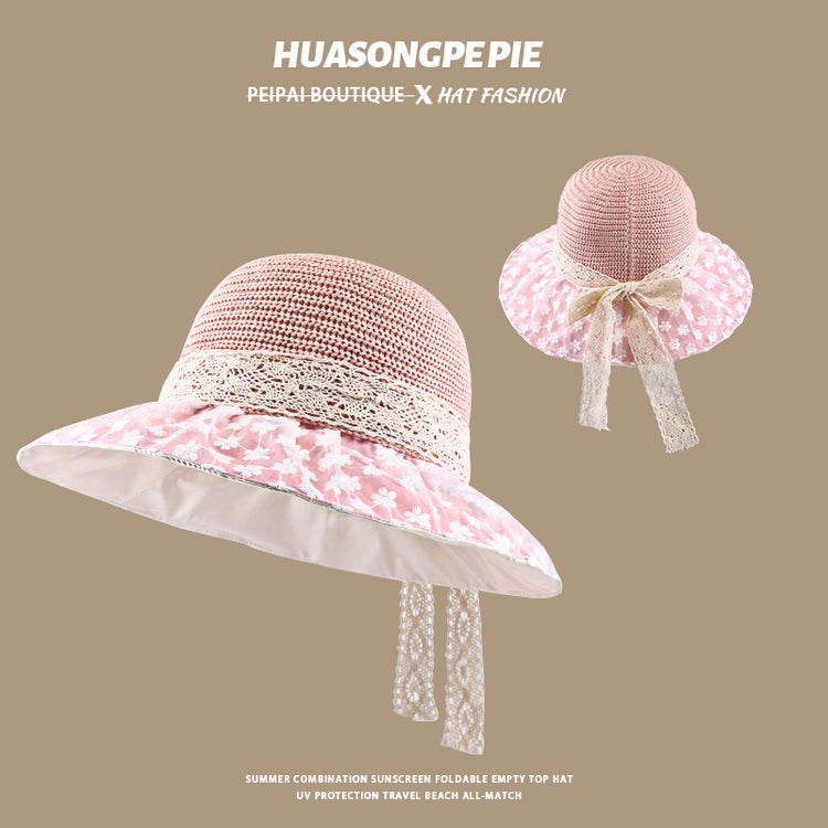 流行帽子|蕾絲系帶草帽夏季女帽子防曬學生戶外遮陽帽綁帶沙灘彩虹太陽帽子「C3929」24.05-2