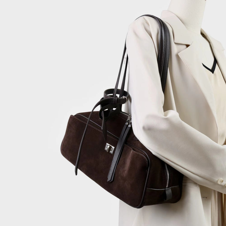 質感真皮|2025新款百搭輕奢磨砂牛皮波士頓大包單肩托特枕頭通勤保齡球包「X3989D3988」25.09-3