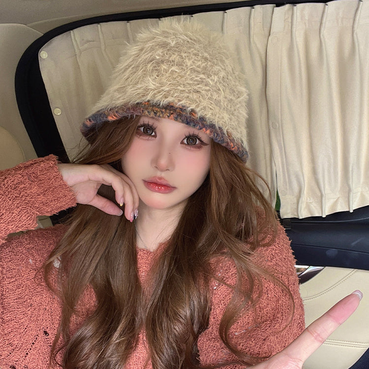 流行帽子|帽子女秋冬季彩虹檐邊毛絨針織水桶帽加厚保暖毛茸茸顯臉小毛線帽「C4442」24.09-2