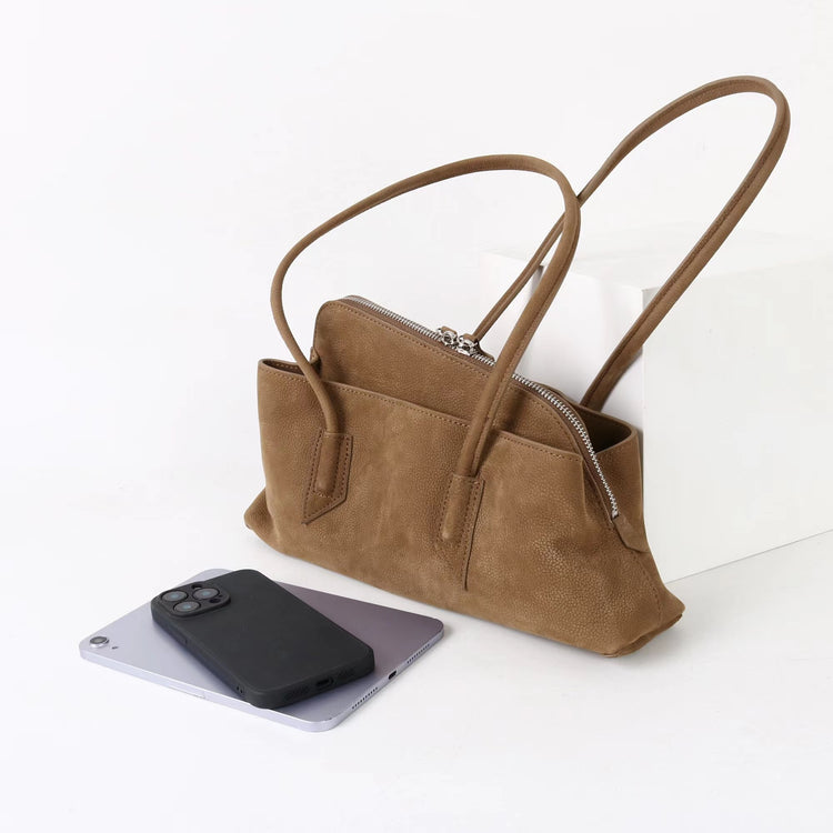 質感真皮|2025新款頭層麂皮不規則斜頂手提托特包磨砂荔枝牛皮腋下包「6163-S」25.10-1