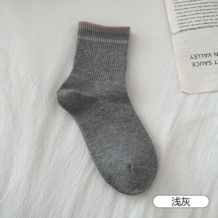 女襪|灰色襪子女竪條顯瘦羅口二槓學院風運動襪棉質親膚舒適彈力中筒襪「FM5090」25.03-1