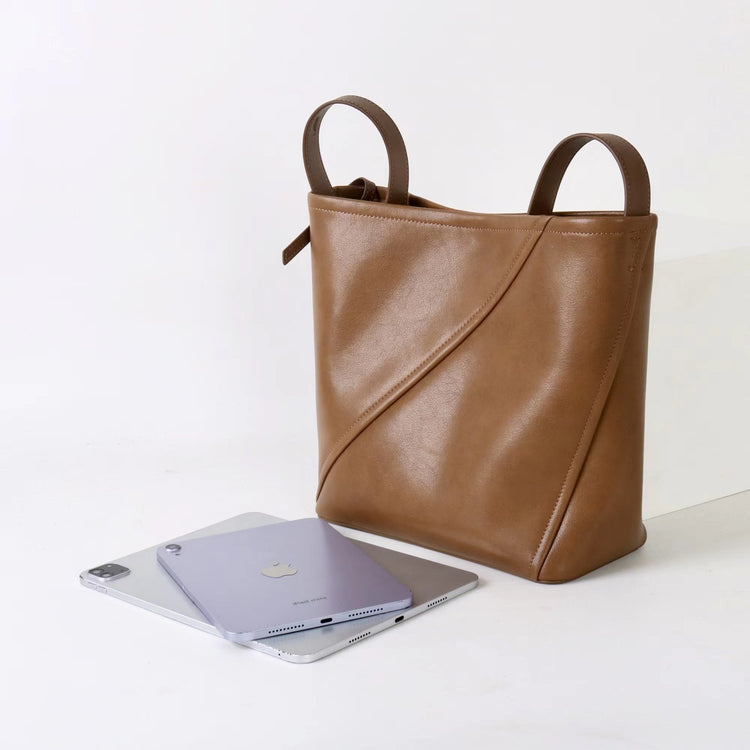 質感真皮|2025新款大容量牛皮拼接質感通勤子母包時尚百搭單肩腋下水桶包女「7056」25.09-3