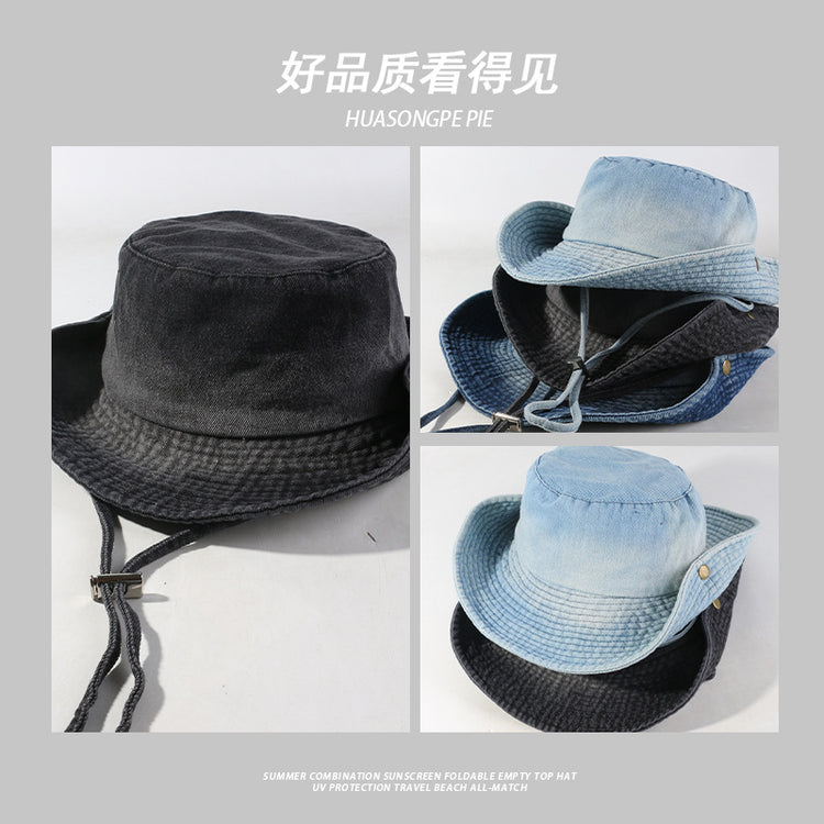 流行帽子|帽子2024新款復古風日系牛仔漁夫帽百搭水洗大卷邊春秋戶外登山帽「C4268」24.08-2