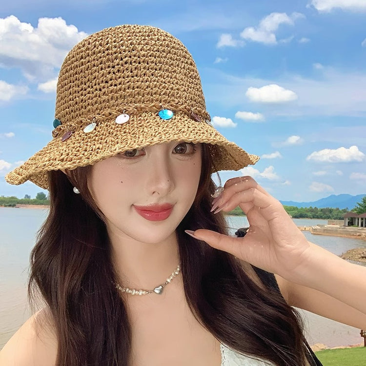 流行帽子|民族風貝殼裝飾鏤空草帽子女夏防曬透氣遮陽帽戶外出遊沙灘太陽帽「C5179」25.04-3