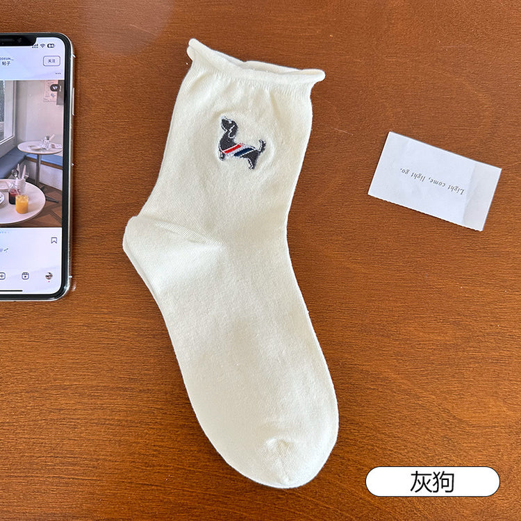 女襪|白色卡通卷邊襪子女夏季薄款ins潮刺繡中筒襪棉質吸汗透氣堆堆襪「PS0119」25.04-1