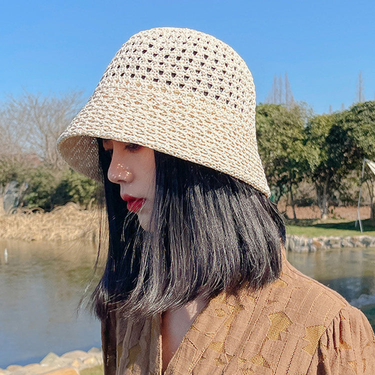 流行帽子|帽子夏季時尚鏤空水桶帽女士海邊沙灘出遊遮陽帽學生顯臉小漁夫帽「B21313」25.02-1