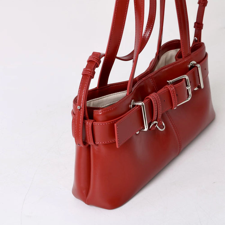 質感真皮|2025新款百搭女輕奢法式高級感機車包法棍包保齡球女單肩腋下包「6147」25.06-4